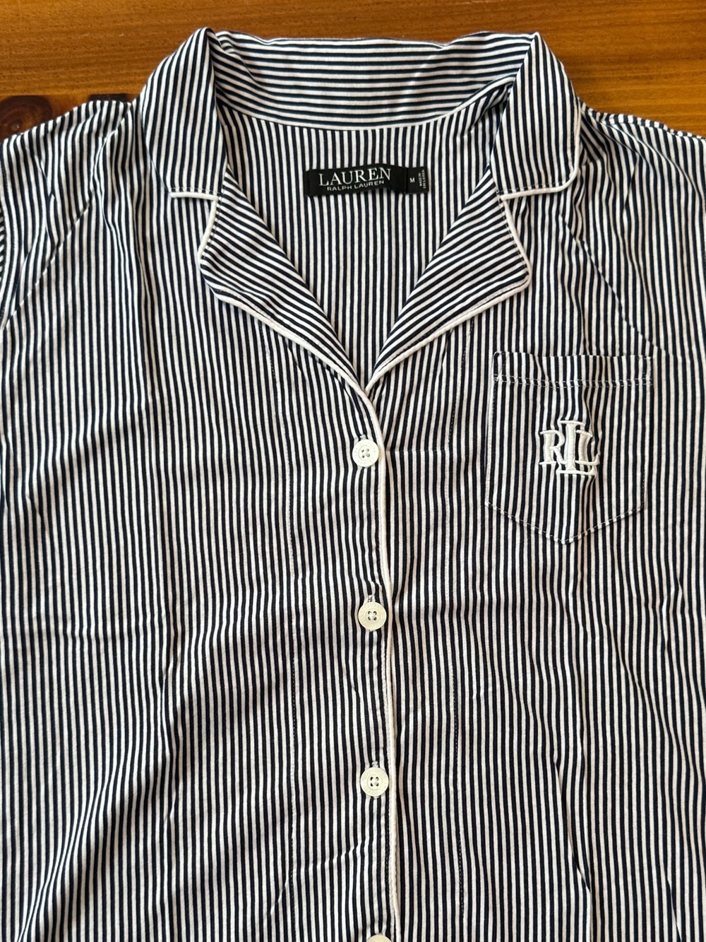 EUC Lauren by Ralph Lauren Navy & White Pin-Striped Jersey Pajama Set, Size M